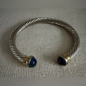 Silver-Tone Twisted Cable Cuff Bracelet with Navy Stone Ends